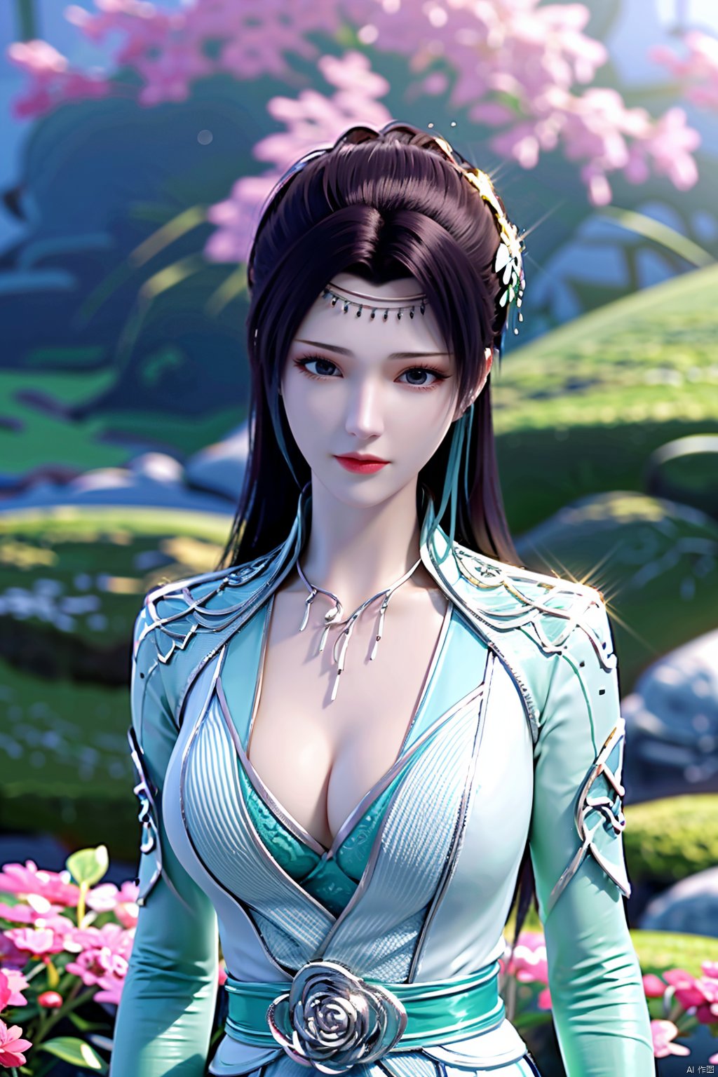 masterpiece,best quality,1girl,sitting, upper body,solo,Xyunyun,(big breasts:1.39),yuzu,ziling_xianzi,Xtianxiwei,green_theme,colorful blooming flowers,forming a dreamlike world,flower_garden,flowers everywhere,greens,pinks,