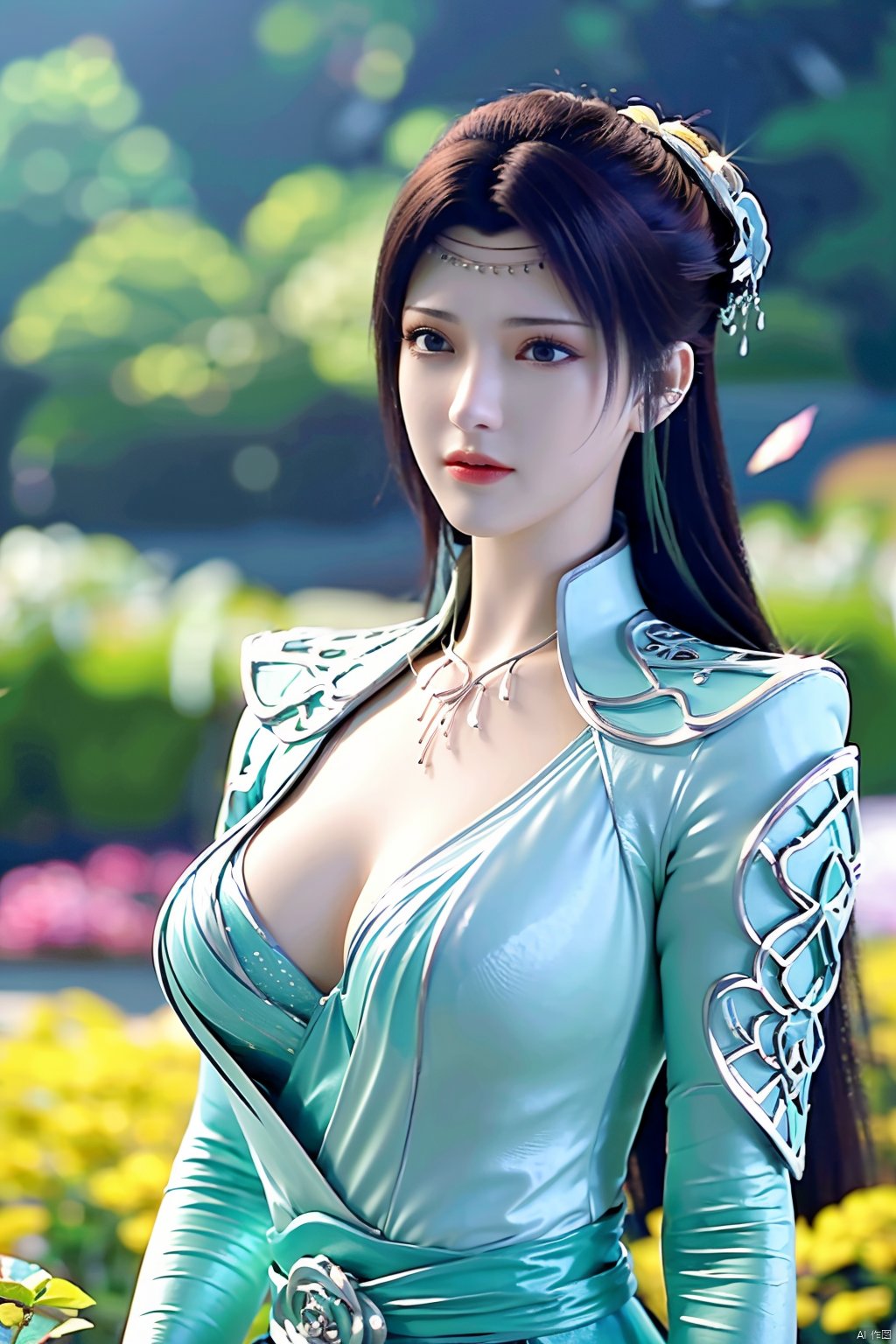 masterpiece,best quality,1girl,sitting, upper body,solo,Xyunyun,(big breasts:1.39),yuzu,ziling_xianzi,Xtianxiwei,green_theme,colorful blooming flowers,forming a dreamlike world,flower_garden,flowers everywhere,greens,pinks,