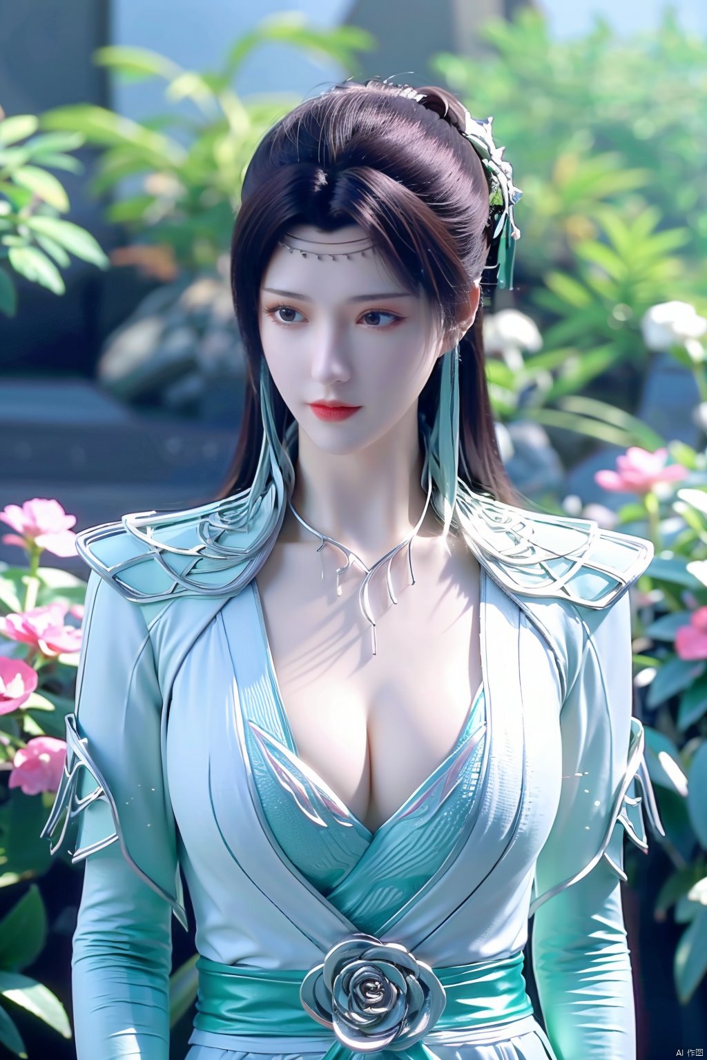 masterpiece,best quality,1girl,sitting, upper body,solo,Xyunyun,(big breasts:1.39),yuzu,ziling_xianzi,Xtianxiwei,green_theme,colorful blooming flowers,forming a dreamlike world,flower_garden,flowers everywhere,greens,pinks,