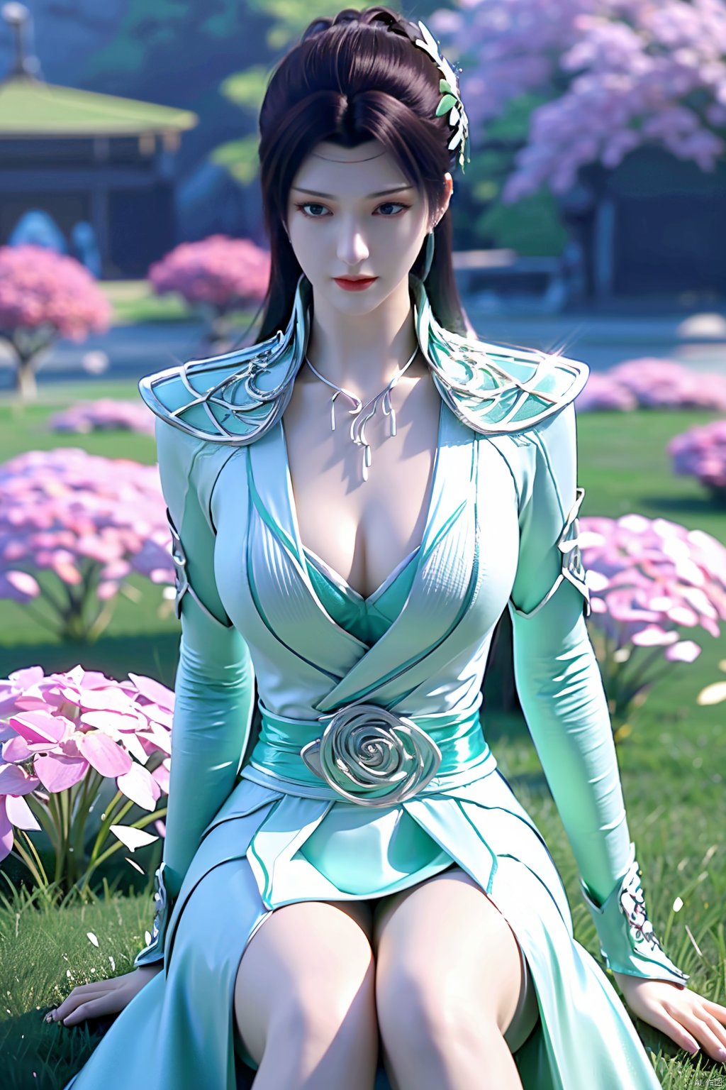 masterpiece,best quality,1girl,sitting, upper body,solo,Xyunyun,(big breasts:1.39),yuzu,ziling_xianzi,Xtianxiwei,green_theme,colorful blooming flowers,forming a dreamlike world,flower_garden,flowers everywhere,greens,pinks,