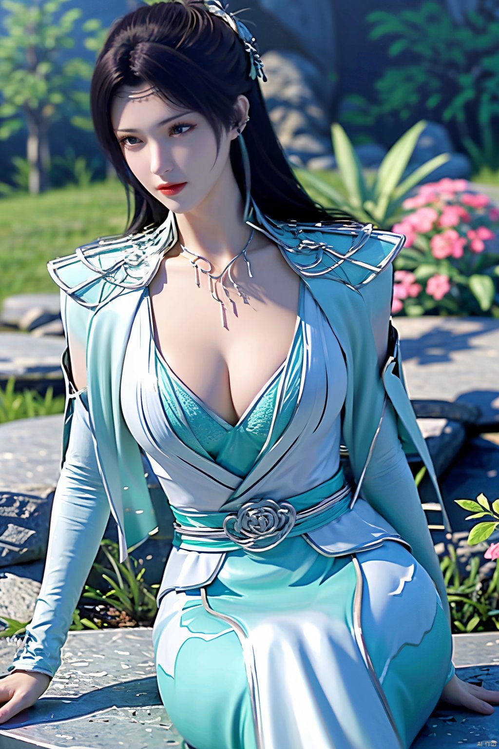 masterpiece,best quality,1girl,sitting, upper body,solo,Xyunyun,(big breasts:1.39),yuzu,ziling_xianzi,Xtianxiwei,green_theme,colorful blooming flowers,forming a dreamlike world,flower_garden,flowers everywhere,greens,pinks,