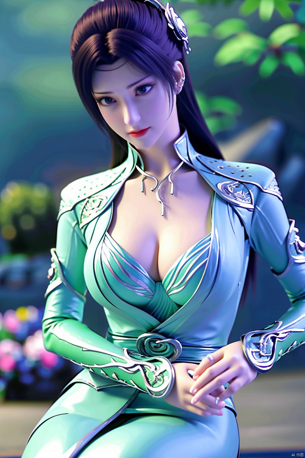 masterpiece,best quality,1girl,sitting, upper body,solo,Xyunyun,(big breasts:1.39),yuzu,ziling_xianzi,Xtianxiwei,green_theme,colorful blooming flowers,forming a dreamlike world,flower_garden,flowers everywhere,greens,pinks,