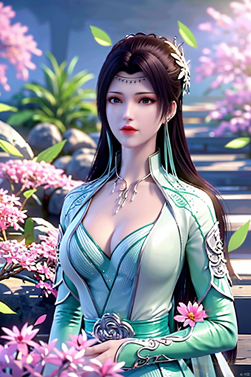 masterpiece,best quality,1girl,sitting, upper body,solo,Xyunyun,(big breasts:1.39),yuzu,ziling_xianzi,Xtianxiwei,green_theme,colorful blooming flowers,forming a dreamlike world,flower_garden,flowers everywhere,greens,pinks,