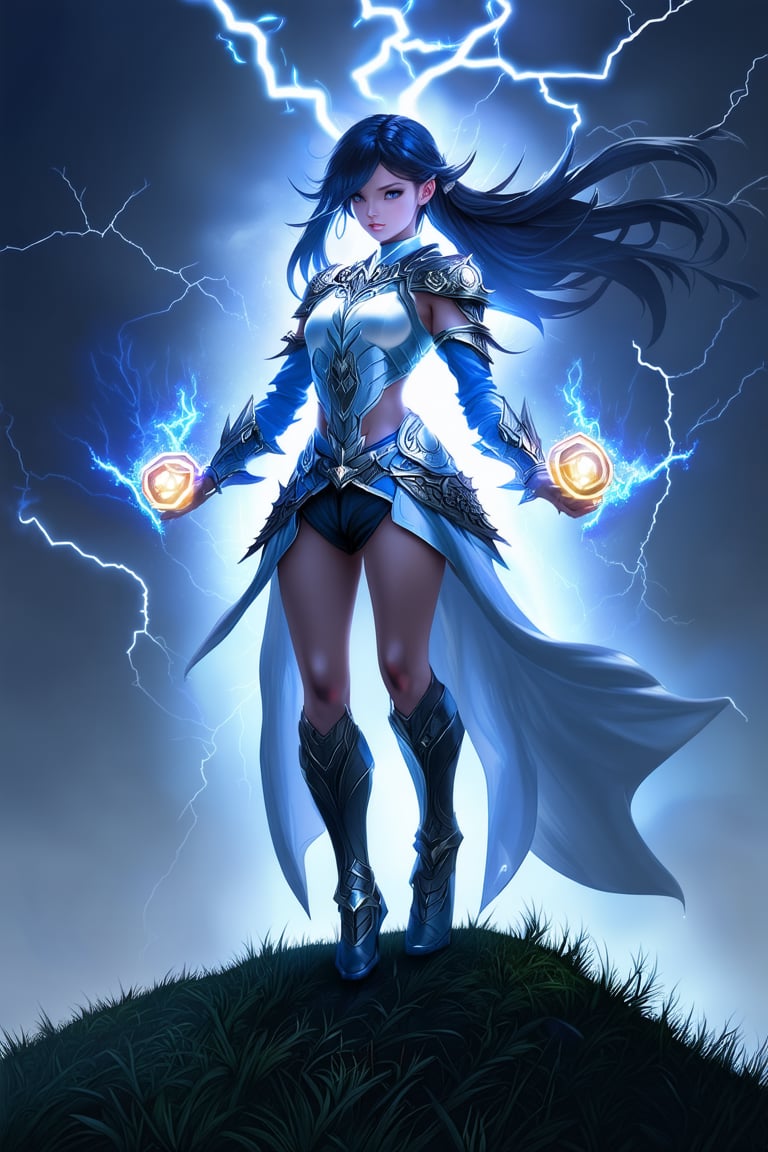 a beautiful girl stands on a hill top. She uses the magic ring and turns into the ultimate form of a beautiful lightning magic \(ek_ge1tng\) warrior \(detailed exquisite face\),looking at viewer,dynamic and sexy pose,lightning elemental effect,lightning weapon,ek_game_3ffect,detailed exquisite face,