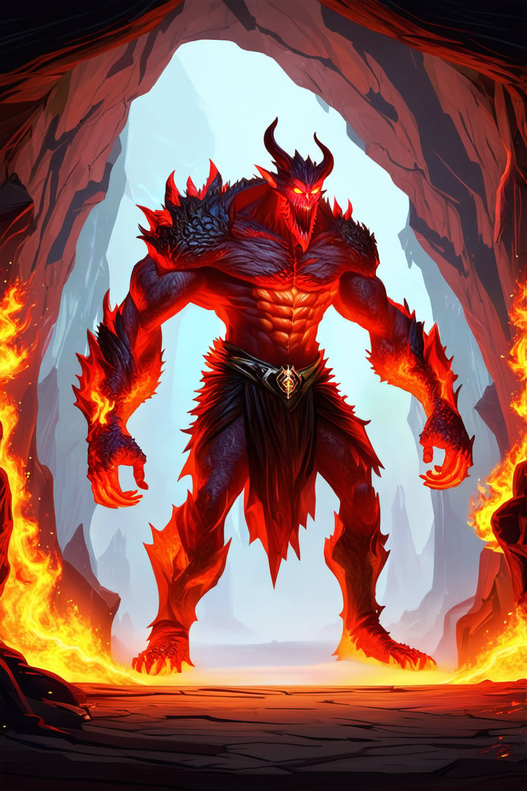 An evil man stands in a ((dark)) cave. He uses magic spell and turns into the fire monster \(ek_ge1frt\),
,fire elemental effect, ek_game_3ffect,realistic,