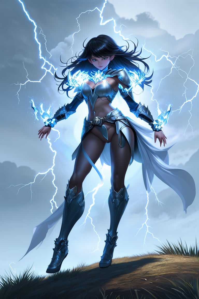 a beautiful girl stands on a hill top. She uses the magic ring and turns into the ultimate form of a beautiful lightning magic \(ek_ge1tng\) warrior \(detailed exquisite face\),looking at viewer,dynamic and sexy pose,lightning elemental effect,lightning weapon,ek_game_3ffect,