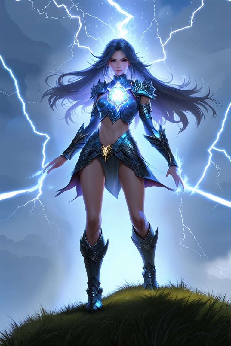 a beautiful girl stands on a hill top. She uses the magic ring and turns into the ultimate form of a beautiful lightning magic \(ek_ge1tng\) warrior \(detailed exquisite face\),looking at viewer,dynamic and sexy pose,lightning elemental effect,lightning weapon,ek_game_3ffect,detailed exquisite face,