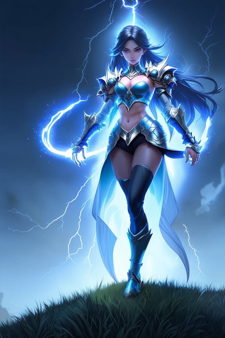 a beautiful girl stands on a hill top. She uses the magic ring and turns into the ultimate form of a beautiful lightning magic \(ek_ge1tng\) warrior \(detailed exquisite face\),looking at viewer,dynamic and sexy pose,lightning elemental effect,lightning weapon,ek_game_3ffect,detailed exquisite face,