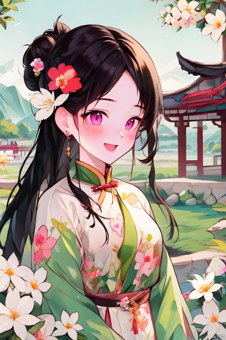 
1 girl, Solo, long hair, look at the audience, blush, smile, Bangs, black hair, hair accessories, black eyes, long sleeves, shut up, stand, flowers, side hair, outdoor, Hanfu, hair flowers, wide sleeves, pink eyes, bun, belt, double bun, Chinese dress, print, white flower, Tassel
