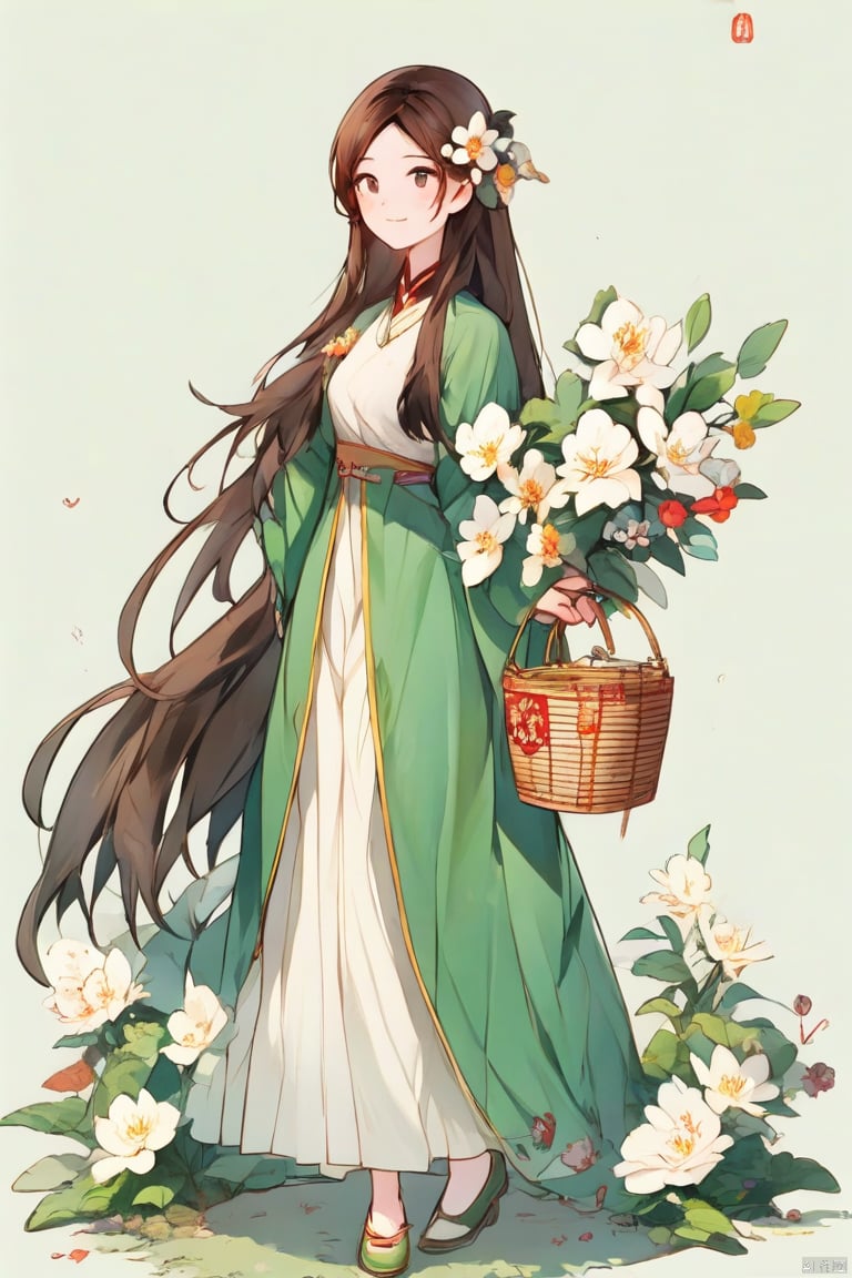 1girl, solo, long hair, simple background, brown hair, hair ornament, long sleeves, full body, flower, hair flower, chinese clothes, white flower, bird, green dress, holding basket, hanfu, negative_hand
