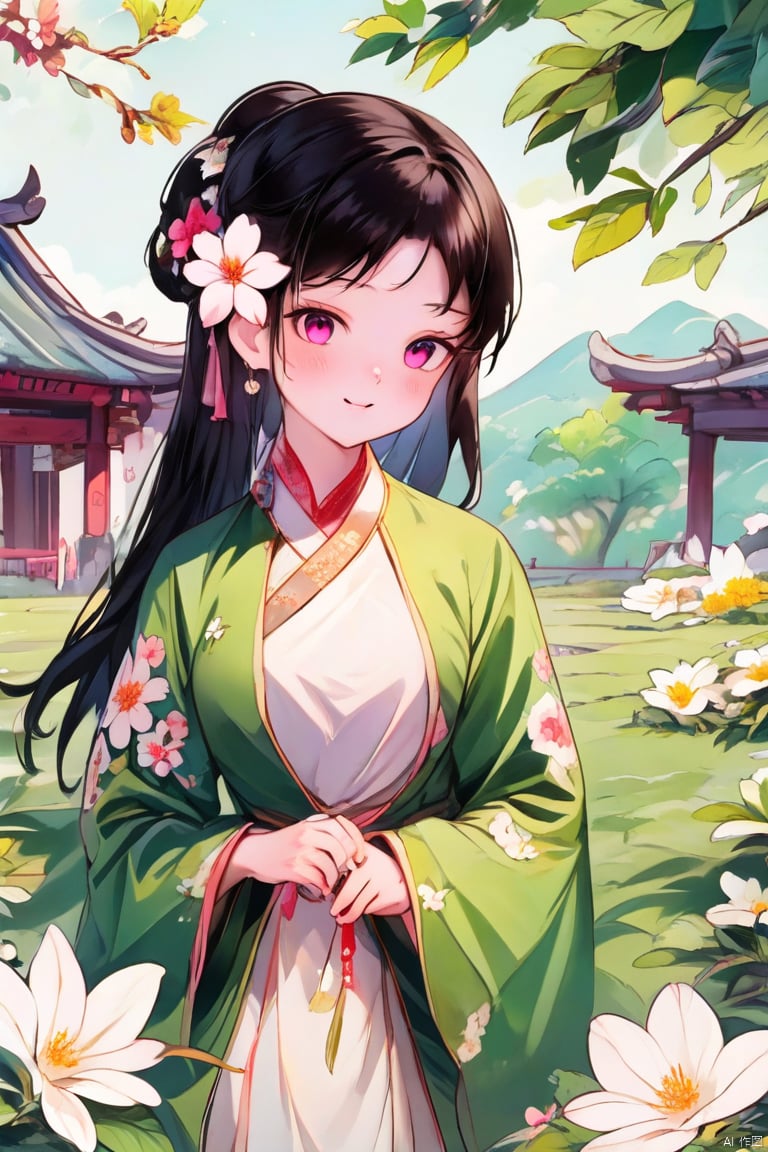 
1 girl, Solo, long hair, look at the audience, blush, smile, Bangs, black hair, hair accessories, black eyes, long sleeves, shut up, stand, flowers, side hair, outdoor, Hanfu, hair flowers, wide sleeves, pink eyes, bun, belt, double bun, Chinese dress, print, white flower, Tassel
