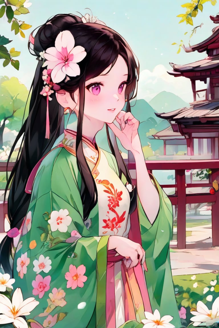 
1 girl, Solo, long hair, look at the audience, blush, smile, Bangs, black hair, hair accessories, black eyes, long sleeves, shut up, stand, flowers, side hair, outdoor, Hanfu, hair flowers, wide sleeves, pink eyes, bun, belt, double bun, Chinese dress, print, white flower, Tassel
