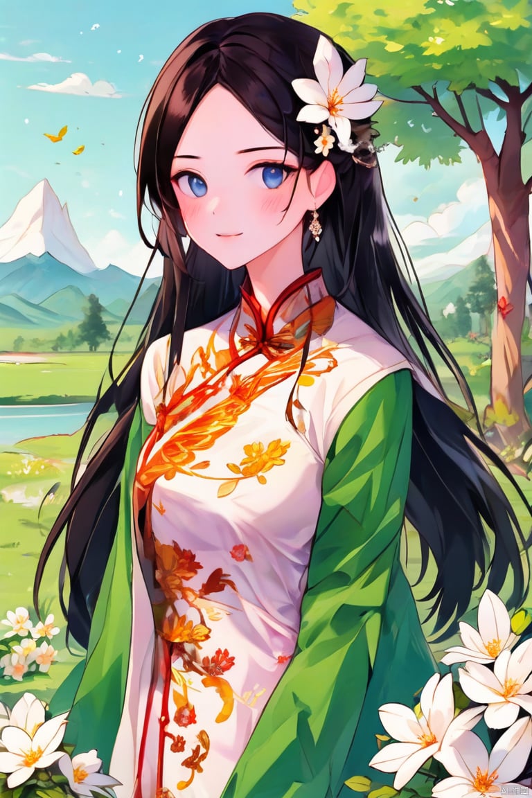 
1girl, solo, long hair, breasts, looking at viewer, blush, bangs, blue eyes, black hair, hair ornament, long sleeves, dress, jewelry, upper body, flower, earrings, outdoors, parted lips, sky, day, cloud, hair flower, tree, parted bangs, watermark, chinese clothes, floral print, white flower, tassel, green dress, mountain