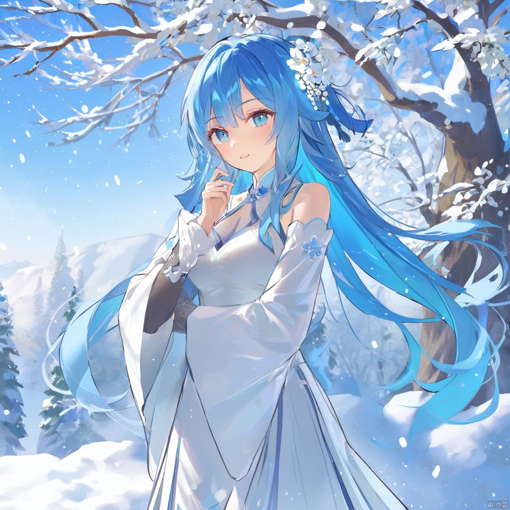 1girl, solo, long hair, breasts, looking at viewer, blush, smile, bangs, blue eyes, black hair, hair ornament, long sleeves, dress, hair between eyes, jewelry, closed mouth, blue hair, standing, flower, ahoge, multicolored hair, earrings, outdoors, hair flower, wide sleeves, white dress, two-tone hair, tree, sleeves past wrists, chinese clothes, tassel, snow, snowing, colored inner hair, winter, snowman,Melting