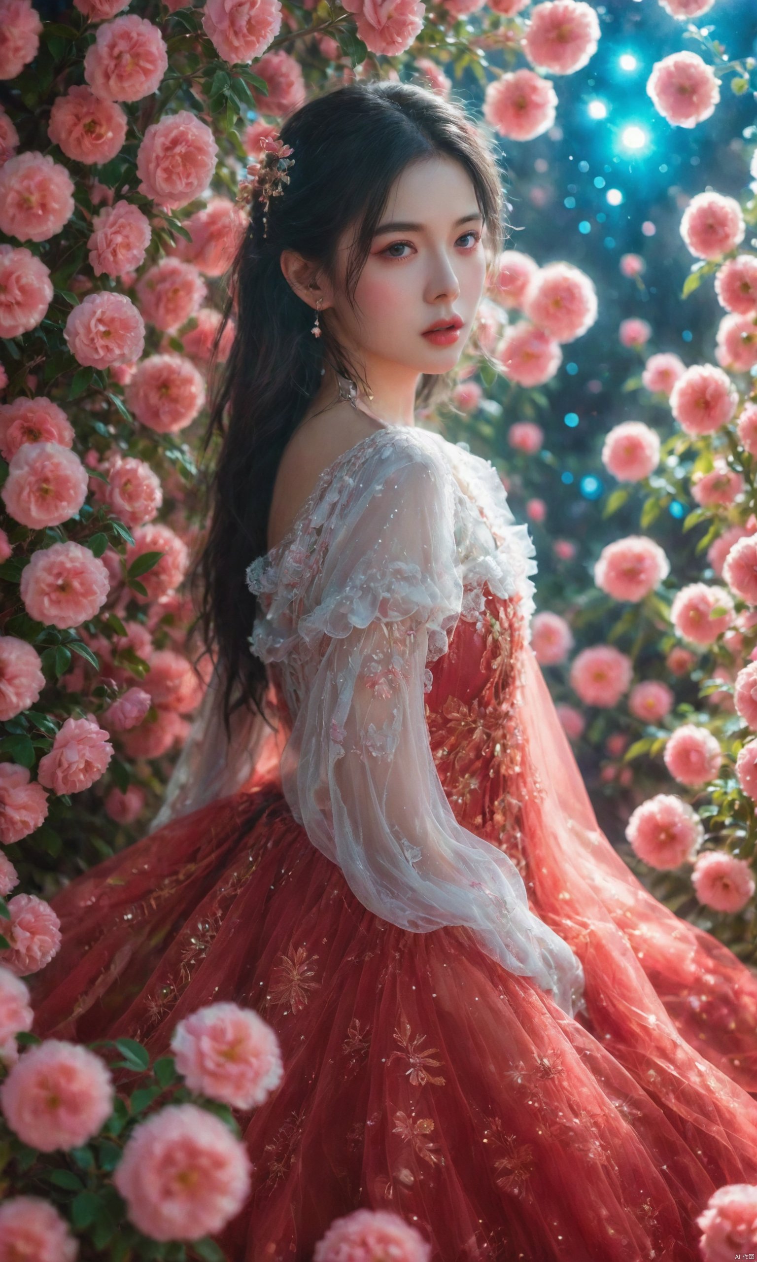 4K Ultra HD, Masterpiece, A girl with a magical aura, Good face, Long hair, shinny hair, Detailed eyes, Glossy lips, Wearing a red Lolita costume, The aura around the body, Magical effect, Spread white light, Cosmic elements and ethereal atmosphere, A mix of bright lights and colorful nebulae, universe background, Sitting, Full body capture.