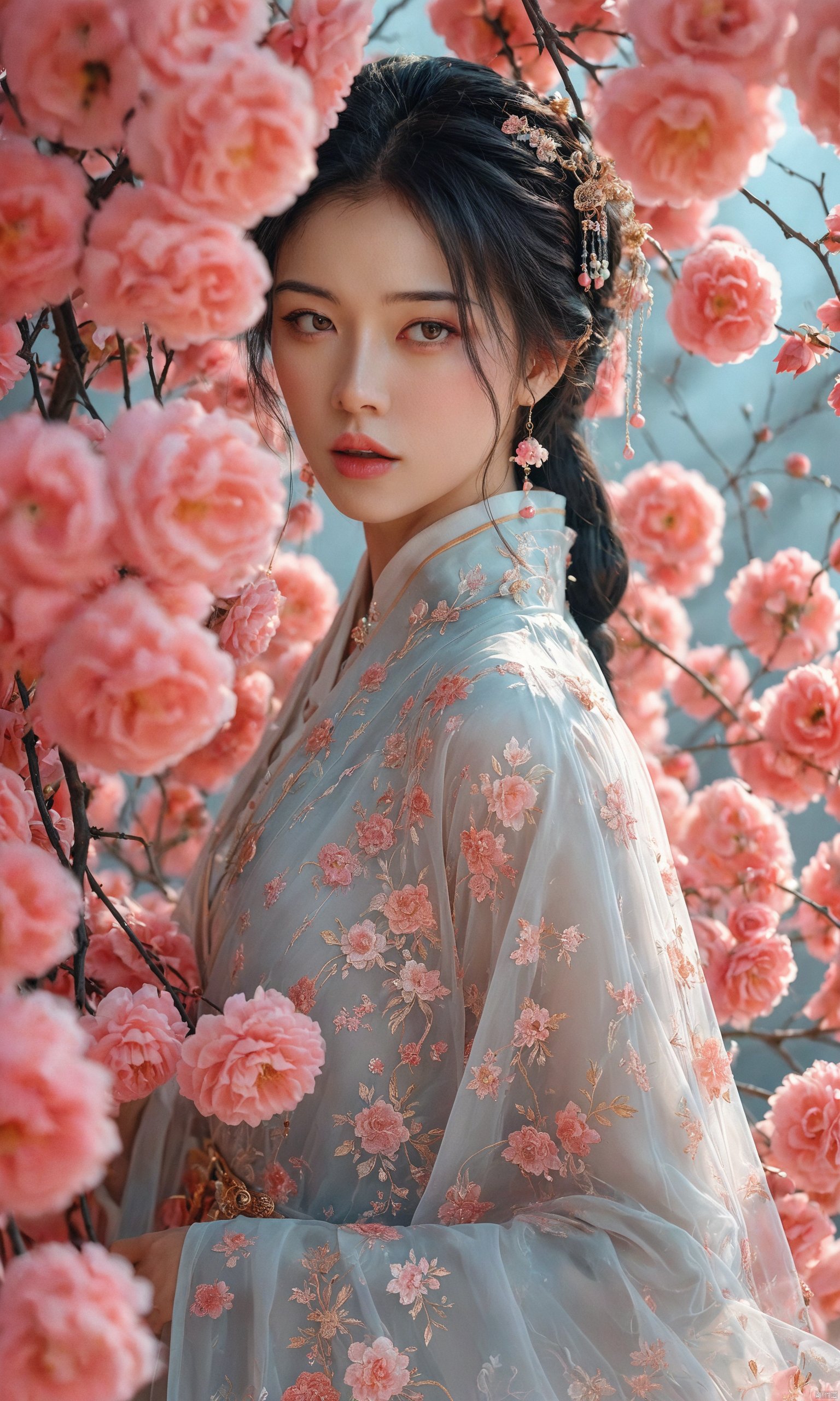 (8k, RAW Photos: 1.2), Best Quality, Illustration, Beautiful Painting, 1 Woman, Beautiful Face, Delicate Skin, Gorgeous Bun, Hair Accessories, Hanfu, Full Body, High Detail, Accent, Color Ink Painting, Splash Color, ((((colorful))), lycoris, sketch, denoising, ink splash, dramatic, cinematic, particle effects, fairy style, white background, super high resolution, best shadow, RAW, (HDR) (wallpaper) (cinematic lighting) (sharp focus), masterpiece, (Very detailed CG unified 8k wallpaper)