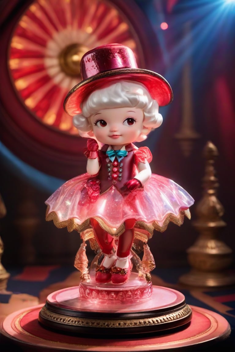 ((photograph of a stylized mini toy))A mesmerizing vintage circus-inspired scene: A single girl sits atop a pedestal, her transparent body glowing like a luminescent gem. She wears a top hat adorned with a vibrant, glittering band that complements the red and gold hues surrounding her. Her smooth, vinyl-like skin seems to shimmer in harmony with the glitter resin material, as if infused with an otherworldly essence. The camera frames her against a dimly lit, ornate backdrop, with subtle hints of old-world charm and mystique.