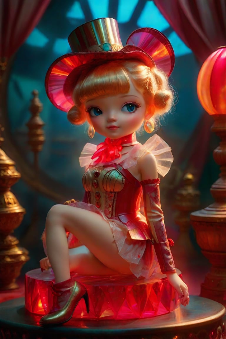 ((photograph of a stylized doll))A mesmerizing vintage circus-inspired scene: A single girl sits atop a pedestal, her transparent body glowing like a luminescent gem. She wears a top hat adorned with a vibrant, glittering band that complements the red and gold hues surrounding her. Her smooth, vinyl-like skin seems to shimmer in harmony with the glitter resin material, as if infused with an otherworldly essence. The camera frames her against a dimly lit, ornate backdrop, with subtle hints of old-world charm and mystique.