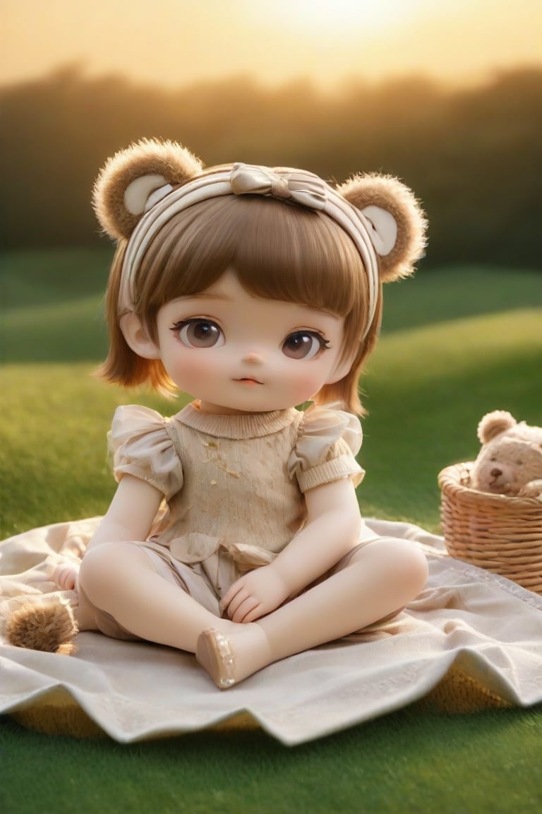 ((photograph of a stylized doll))Whimsical Teddy Bear Picnic: A gentle girl, surrounded by the warmth of a sunset, sits on a blanket amidst a lush green meadow. Her smooth skin glows with a subtle sheen from the vinyl and glitter resin material. A transparent body component shines beneath her skin tone. She wears a headband adorned with teddy bear ears, adding to the whimsical atmosphere. The color palette features warm brown and soft beige hues, evoking feelings of coziness and nostalgia.