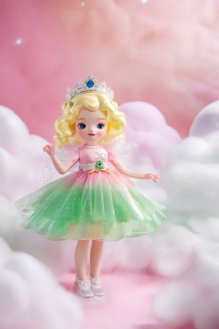 (photograph of a stylized doll))A whimsical scene unfolds: a single girl, crowned with a sparkly tiara, stands amidst a swirl of cotton candy clouds. Her translucent skin glows against the smooth, vinyl-like finish, as she gazes upward with a delighted expression. Pink and green hues dance across her features, harmonizing with the glitter resin material that adorns her dress and the surrounding environment. The transparent body component appears to shimmer, as if infused with sugary sweetness.