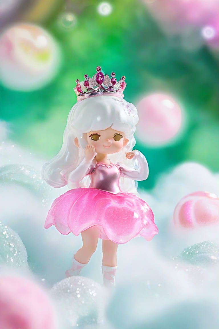 ((photograph of a stylized mini toy))A whimsical scene unfolds: a single girl, crowned with a sparkly tiara, stands amidst a swirl of cotton candy clouds. Her translucent skin glows against the smooth, vinyl-like finish, as she gazes upward with a delighted expression. Pink and green hues dance across her features, harmonizing with the glitter resin material that adorns her dress and the surrounding environment. The transparent body component appears to shimmer, as if infused with sugary sweetness.