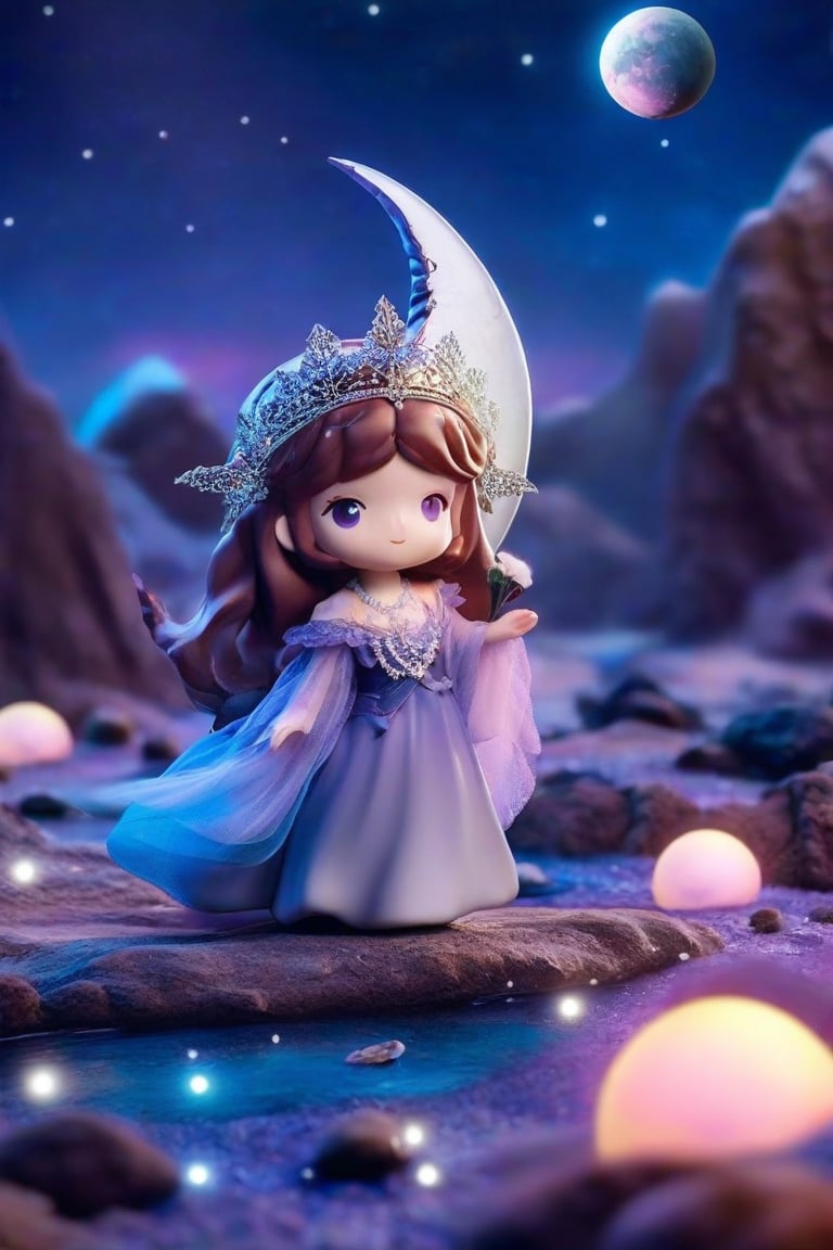 ((photograph of a stylized mini toy))A beautiful sorceress with a crescent moon crown and a flowing dress made of stardust. She stands on a surreal, otherworldly landscape with floating rocks, glowing moons, and a starry sky filled with strange, cosmic phenomena.