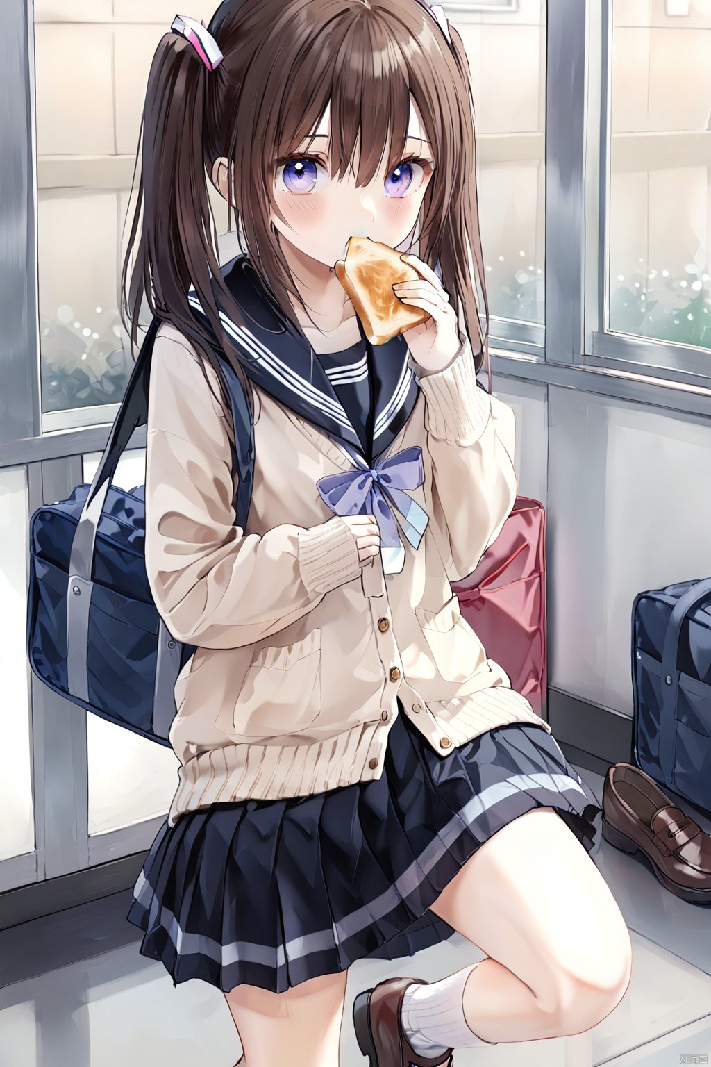 1girl,solo,long hair,looking at viewer,bangs,blue eyes,skirt,brown hair,hair ornament,long sleeves,bow,hair between eyes,twintails,school uniform,standing,purple eyes,pleated skirt,food,shoes,serafuku,socks,indoors,black skirt,sailor collar,bag,neckerchie,window,mouth hold,brown footwear,leg up,standing on one leg,cardigan,black sailor collar,school bag,food in mouth,toast,toast in mouth,fine details,no overlap,no blur,quality