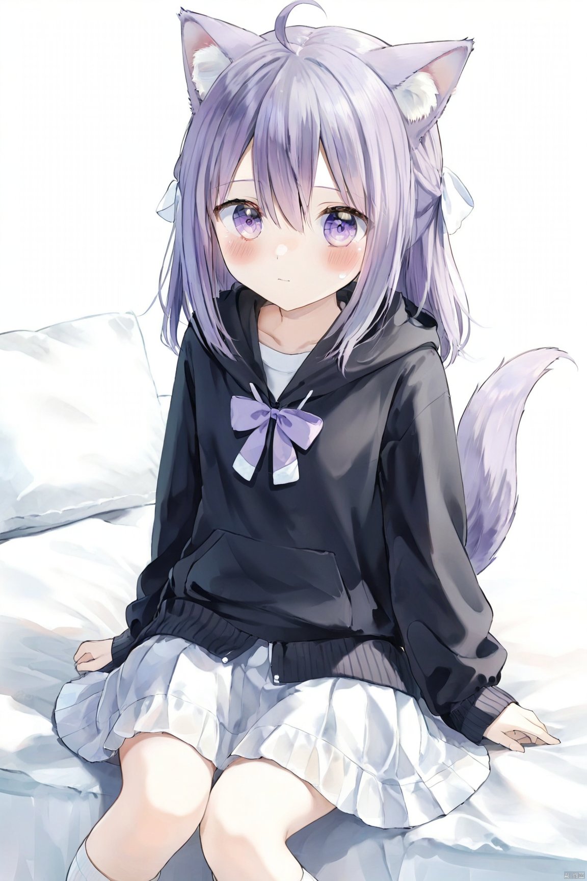 1girl, solo, looking at viewer, blush, bangs, skirt, simple background, long sleeves, white background, bow, animal ears, hair between eyes, sitting, closed mouth, purple eyes, tail, purple hair, ahoge, hair bow, pleated skirt, socks, hood, hoodie, feet out of frame, white skirt, hood down, white bow, white socks, black hoodie, loose socks,loli,quality,upper body,watercolor style,16k,delicate facial features,lightless eyes,high definition,fine details,no overlap,no blur