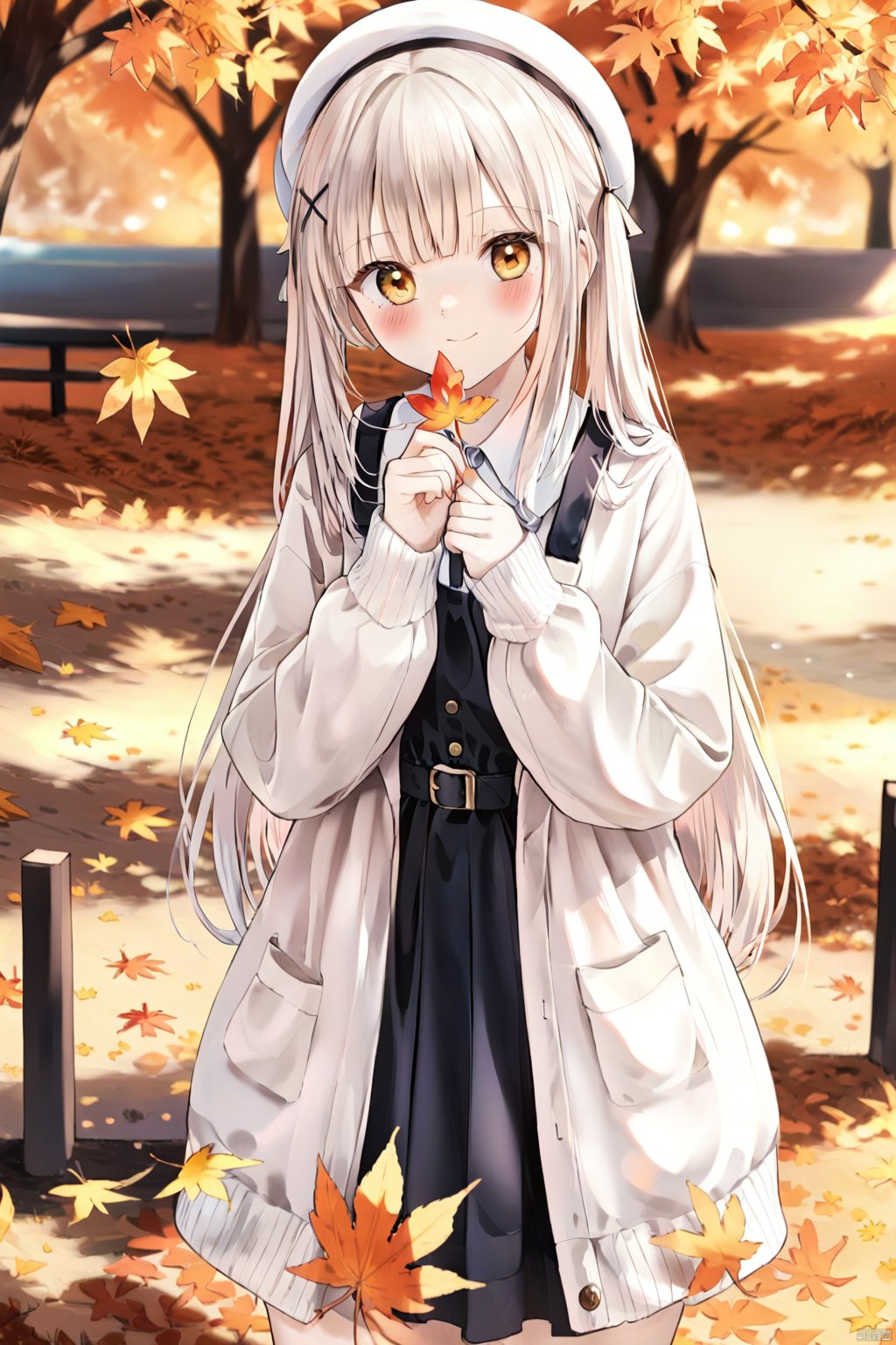 1girl, autumn leaves, solo, dress, maple leaf, hair ornament, long hair, leaf, black dress, hat, twintails, smile, holding, blurry, looking at viewer, x hair ornament, long sleeves, autumn, white headwear, yellow eyes, sleeveless dress, holding leaf, closed mouth, open clothes, pinafore dress, sleeveless, white hair, blurry foreground, beret, blush, depth of field, low twintails, belt, open cardigan, blurry background, cardigan, outdoors, sidelocks, standing