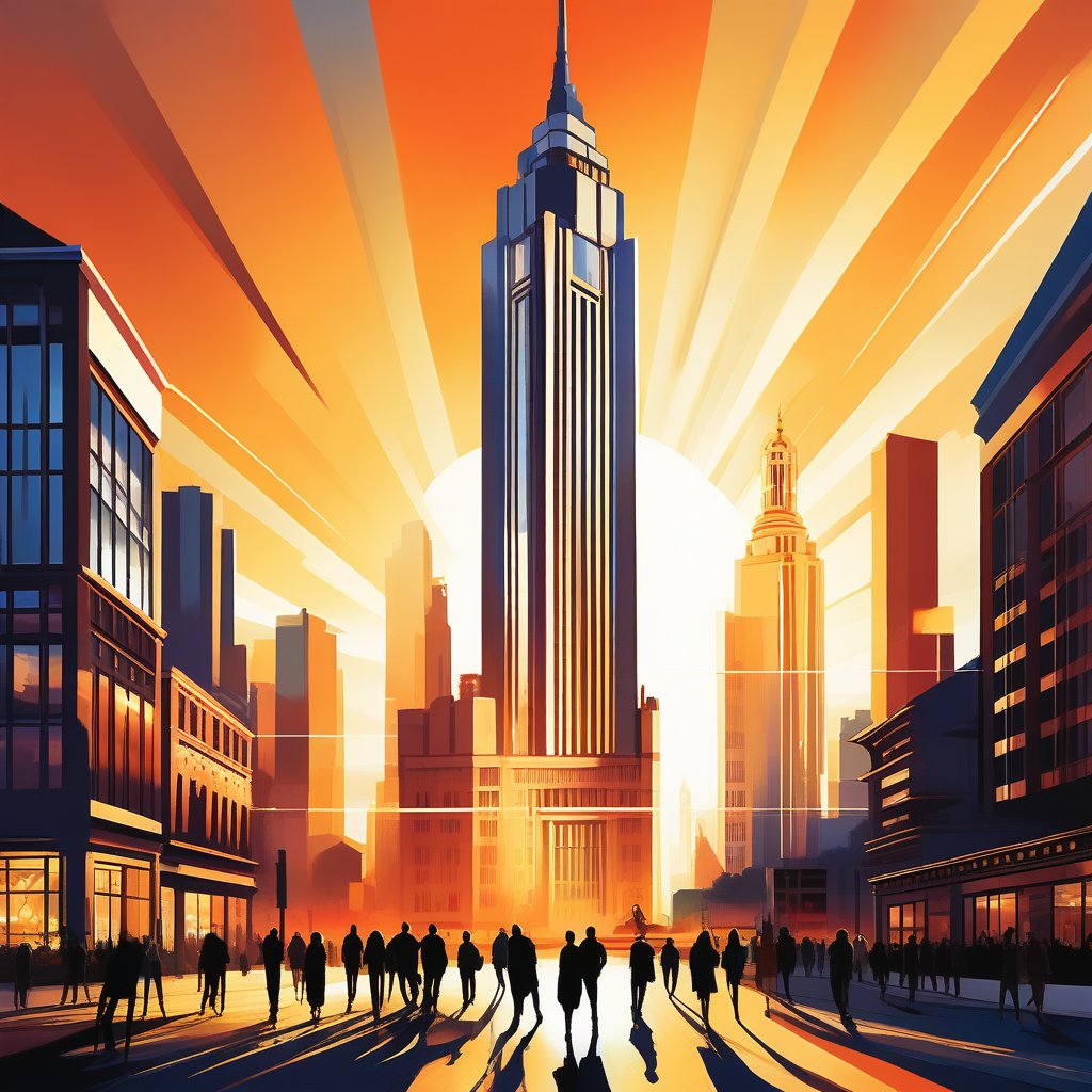 A vibrant cityscape featuring an Art Deco skyscraper, towering prominently with sleek geometric patterns and metallic accents. The building is framed against a dynamic backdrop of bustling streets, with people in vintage attire moving rhythmically. The scene is illuminated by the golden hour sunlight, casting dramatic shadows and highlighting the architectural details. Composition focuses on the grandeur of the skyscraper, surrounded by smaller buildings and bustling activity, capturing the essence of a bygone era in modern urbanity.