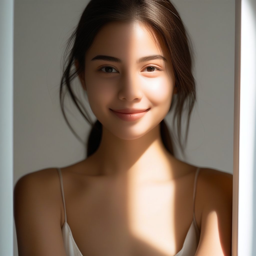 A young woman stands confidently, her gaze directly meeting the viewer's, creating a powerful connection. She is framed in a minimalist setting, with soft, even lighting highlighting her expressive eyes and subtle smile. Her posture is open, with one hand casually placed on her hip, exuding a sense of approachability and confidence. The composition draws the viewer in, focusing on the intensity and honesty of her direct look.