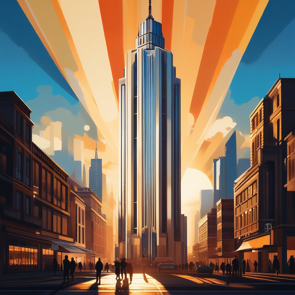 A vibrant cityscape featuring an Art Deco skyscraper, towering prominently with sleek geometric patterns and metallic accents. The building is framed against a dynamic backdrop of bustling streets, with people in vintage attire moving rhythmically. The scene is illuminated by the golden hour sunlight, casting dramatic shadows and highlighting the architectural details. Composition focuses on the grandeur of the skyscraper, surrounded by smaller buildings and bustling activity, capturing the essence of a bygone era in modern urbanity.