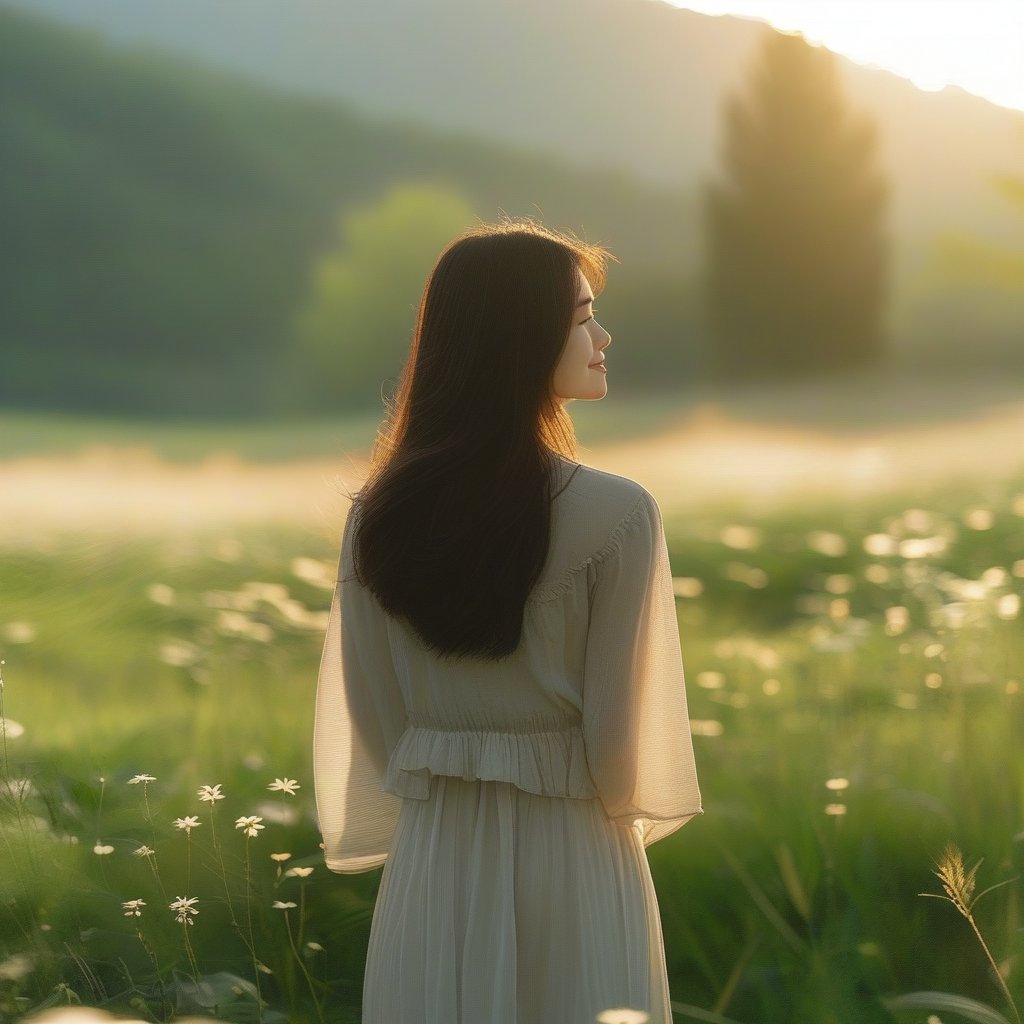 A single girl stands alone in a serene natural setting, the soft morning light illuminating her delicate features. She wears a simple, elegant outfit, her pose relaxed yet contemplative. The background is a lush meadow with wildflowers, the composition focusing on her isolated presence, emphasizing her emotions and the peaceful environment.