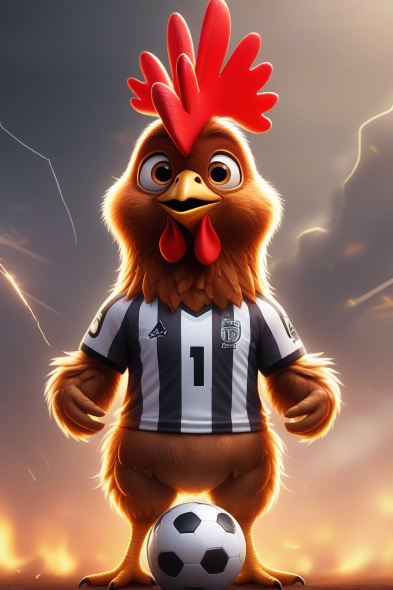 solo, standing, full body, red hair, artist name, signature, bird, ball, sportswear, soccer uniform, chicken, soccer ball, jersey, soccer