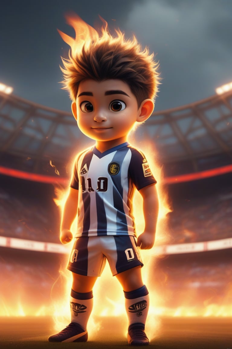 solo, looking at viewer, 1boy, standing, male focus, artist name, fire, animal print, sportswear, soccer uniform, stadium, soccer