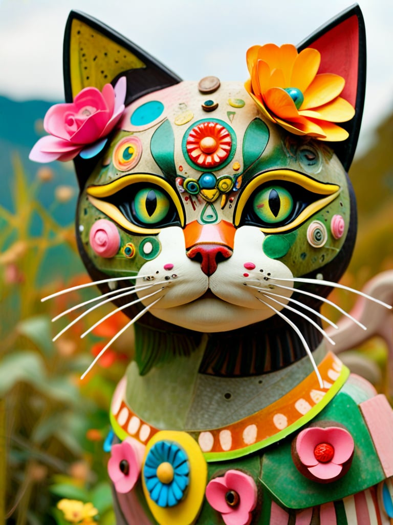 Surrealist photograph of a cat figure with a painted face and flower crown, standing against an out-of-focus natural backdrop. The cat's body is composed of various eclectic materials.