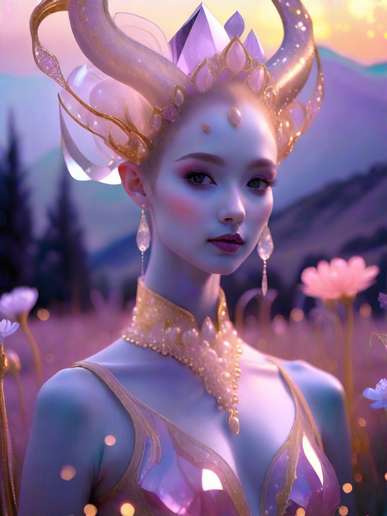 A stunning female humanoid in a surreal dusk landscape. She has elegant, translucent crystal horns with gold ornamentals, pearlescent skin, and deep, mesmerizing eyes. Her gown is shimmering with golden threads and blooming pastel flowers emitting a faint light. The background is a painterly blend of warm purples, pinks, and blues, creating a serene, mystical atmosphere reminiscent of Audrey Kawasaki.