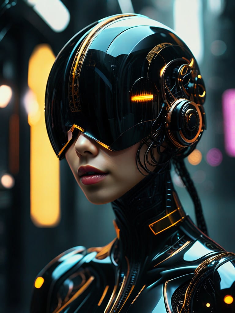 woman wearing a cyberpunk style shiny black helmet with robotic features, the reflection on her face is made of glowing golden wires with intricate details, photorealistic, 8k, high render, close-up