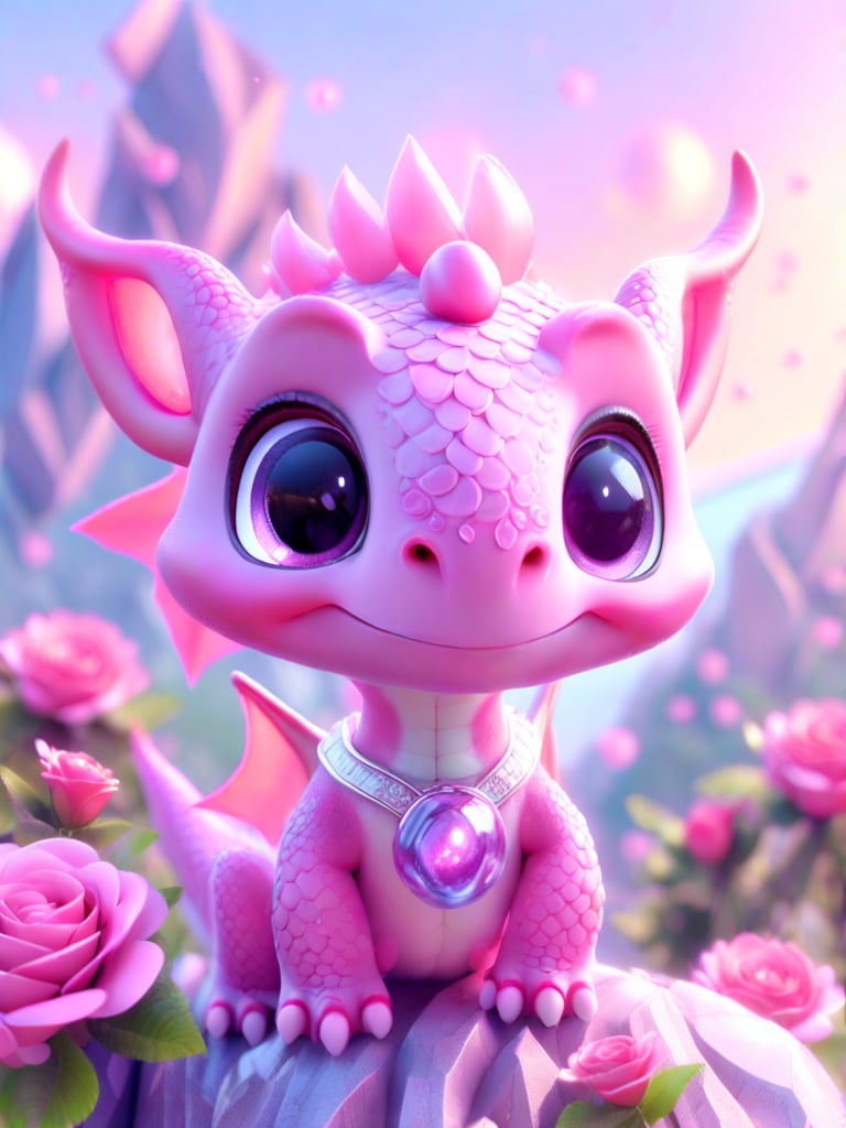 A cute, surprised pink dragon with big eyes, a big head, and a small body with small paws, wearing a hat and a silver pendant with a luminous pink stone. Set in daylight with soft pink roses, 3D render, natural lighting, and a detailed futuristic landscape background.