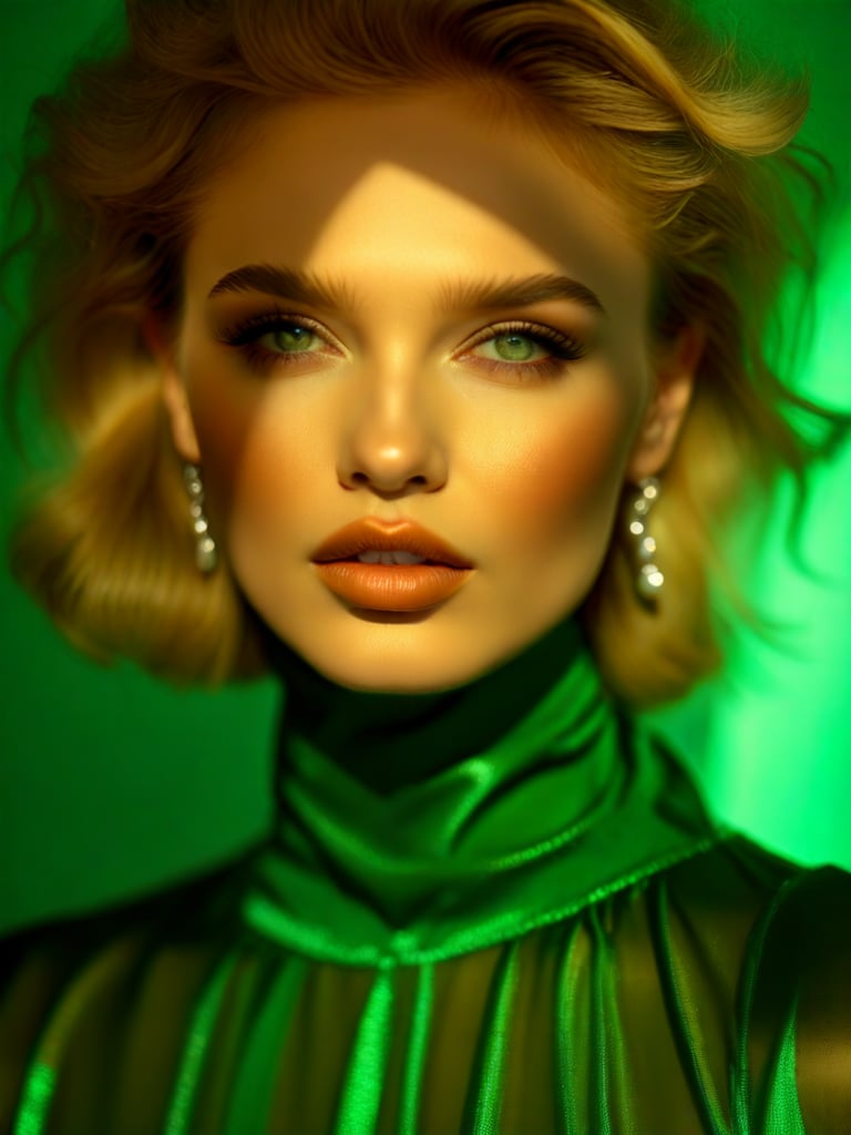 Hollywood model beauty photography in the style of Elsa Bleda, featuring light emerald and amber tones, realistic chiaroscuro lighting, hyper-detail, luminous shadows, taken with Fujifilm Superia