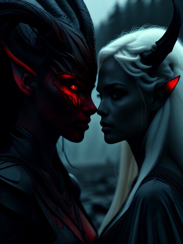 Misty Valley, close-up of a mysterious female entity: one half with an angelic appearance (blue eyes, white hair), the other half with a demonic look (coal-black skin, red eye, and fiery hair with demonic horn), wings matching each side of the body. Dark atmosphere, cinematic, masterpiece, clear focus.