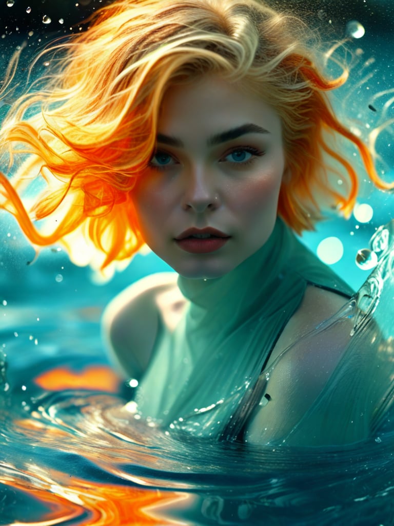 backlit woman bending water, medium wavy bobcut, stylish blonde and orange haircut, chaotic resonance, shimmering droplets, microdisplacement, aetheric realm, chiaroscuro, intricate details, style of Leonid Afremov and Anna Dittmann, faded desaturated 35mm photo
