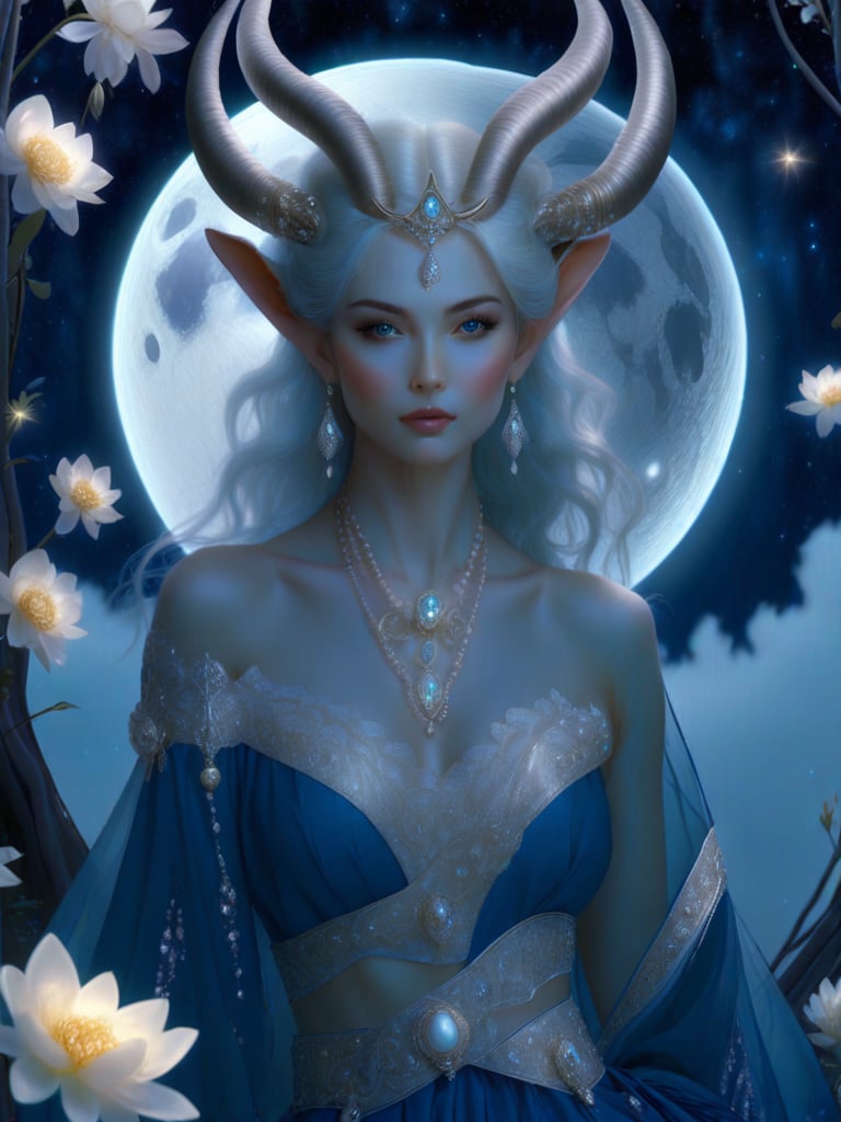 A lunar priestess in a moonlit clearing, bathed in silvery moonlight. She has crescent-shaped horns adorned with gold and glowing pearls, pale luminescent skin, and midnight blue eyes. Wearing a flowing midnight blue robe with silver and gold embroidery, moonflowers bloom from her shoulders and hair