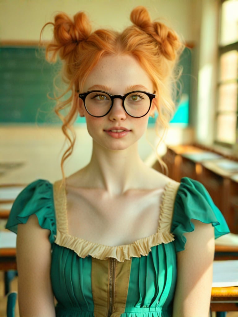 Beautiful 18-year-old woman with ginger hair, fit and slender, wearing glasses and a teal frilly dress, messy space buns with dirty blonde hair, hazel eyes, in a sunlit classroom, natural skin, film photography with light grain and soft lighting, leaning over a desk, vintage fashion