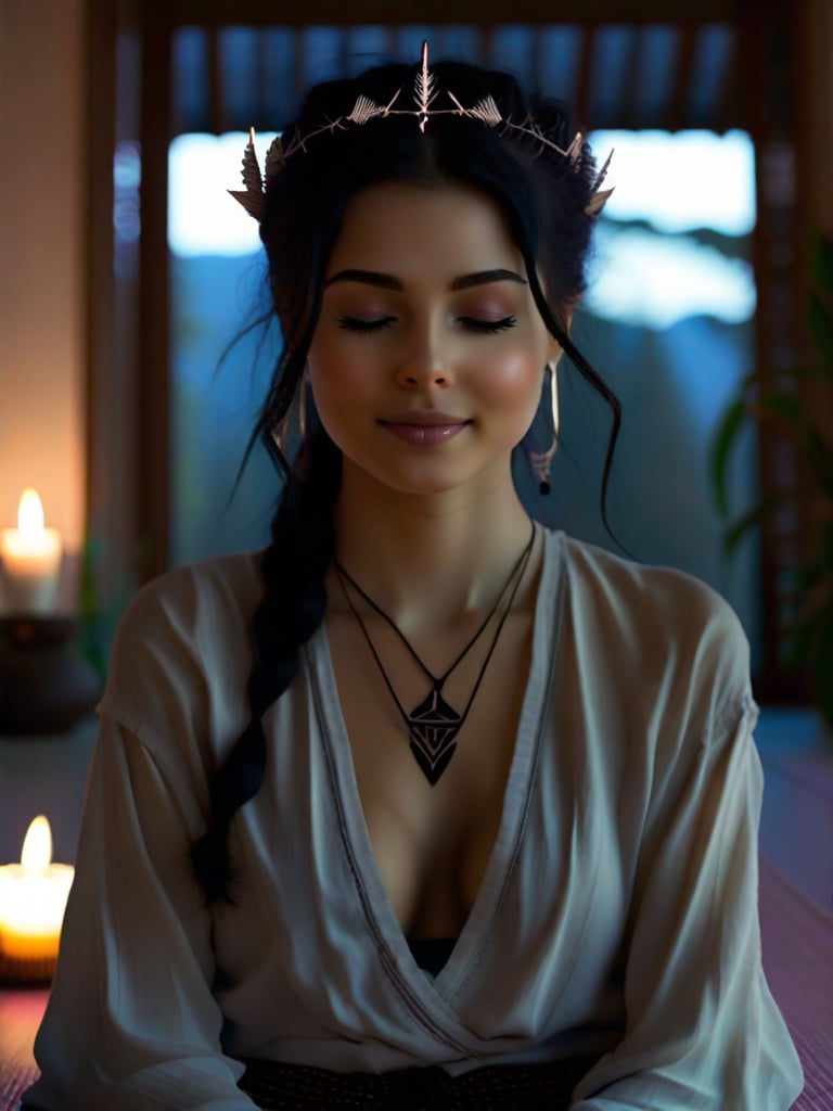 Young woman with a modest, everyday appearance and relaxed posture, Braided crown with black hair, with the rest of the hair left loose and wavy, Tiny geometric arrow tattoo on the base of the neck or finger, Tie-front blouse with billowy sleeves and a deep V-neckline, Serene meditation room with floor cushions, candles, and calming decor, In the nocturnal stillness, Overexposed lighting from flash