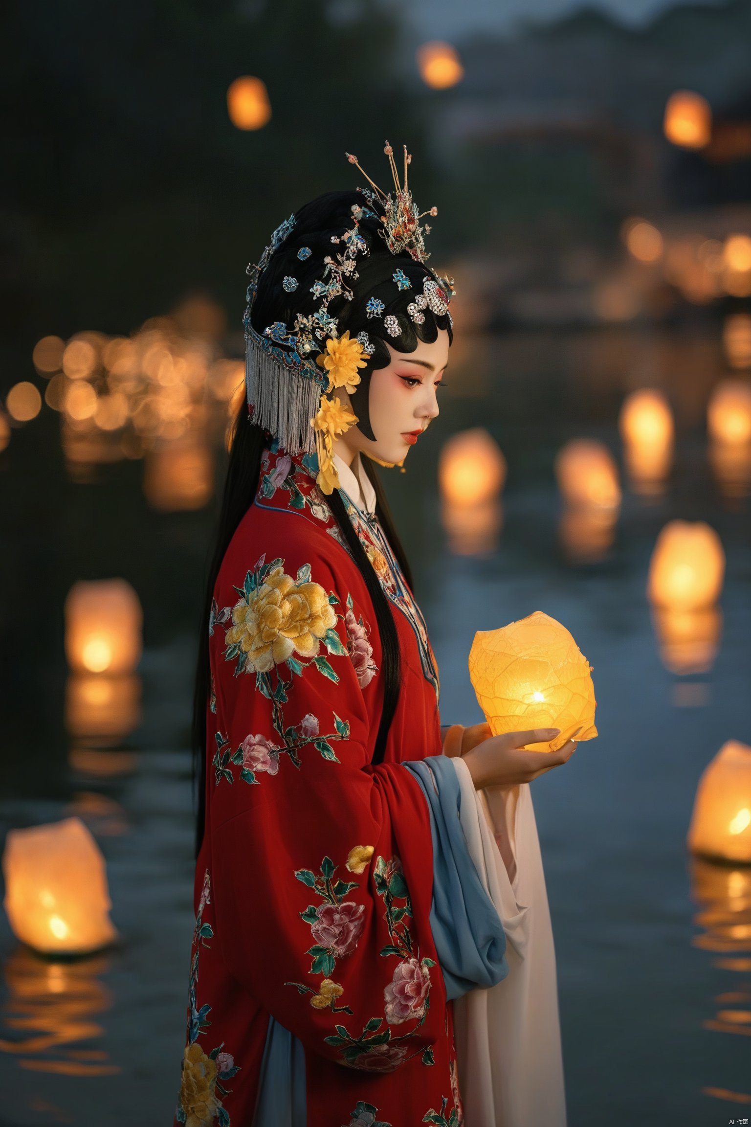 Opera style,a chinese girl in traditional attire stands in a dark water body holding a glowing yellow lantern surrounded by floating orbs of light.