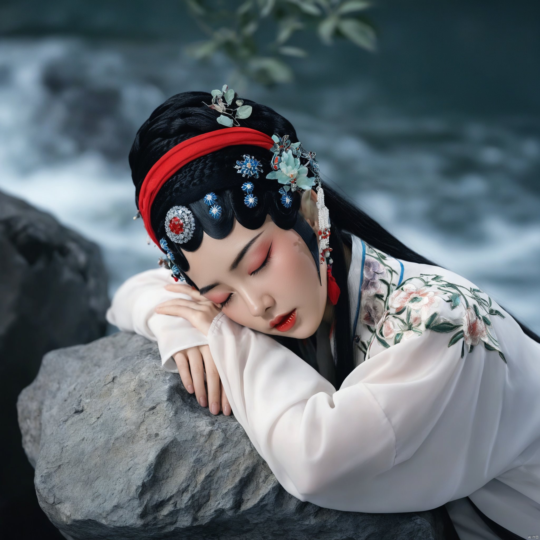 Opera style,a serene chinese girl with closed eyes and a red ribbon in her hair rests her head on a rock amidst a blurred natural setting.