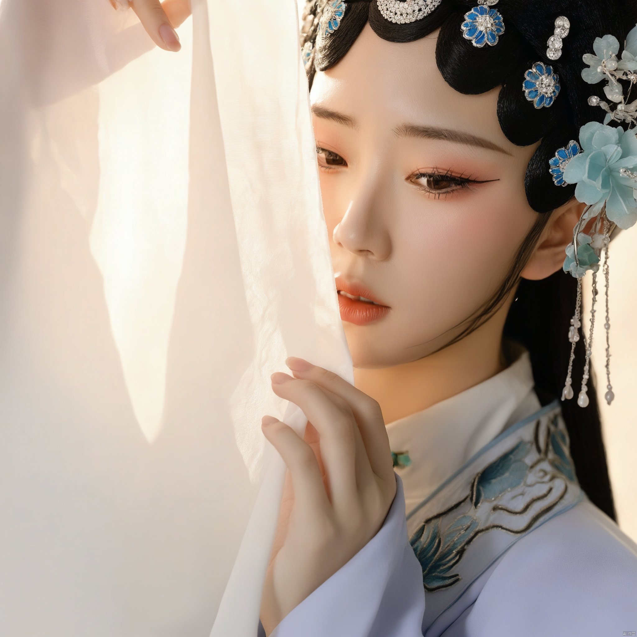 Opera style,A serene chinese girl with a gentle gaze peeks from behind a white fabric bathed in soft sunlight