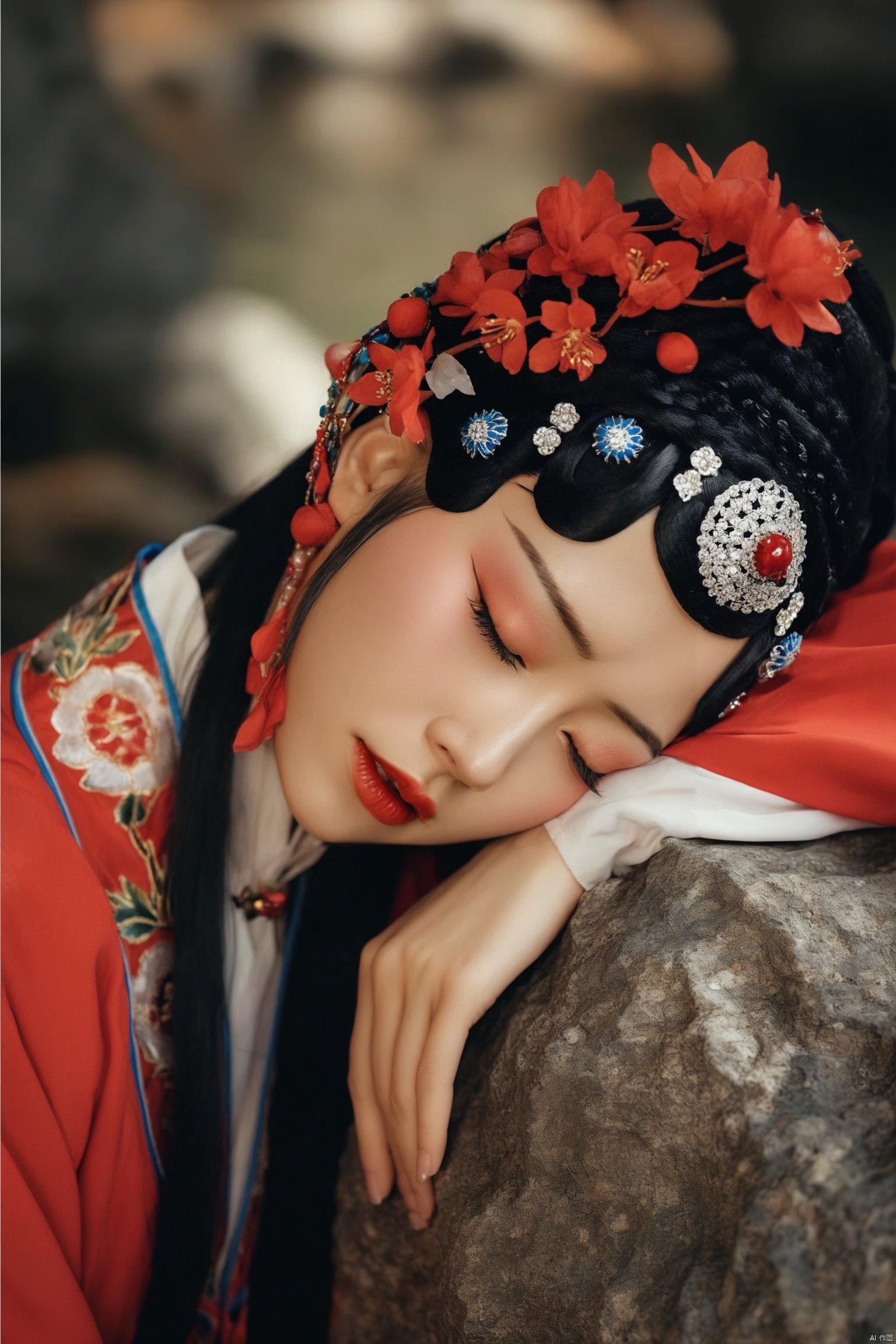 Opera style,a serene chinese girl with closed eyes and a red ribbon in her hair rests her head on a rock amidst a blurred natural setting.