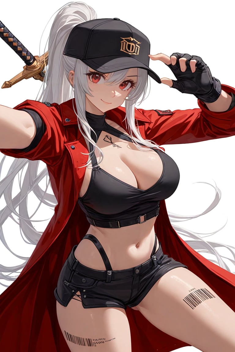 1girl, solo, long hair, breasts, looking at viewer, smile, large breasts, simple background, shirt, red eyes, gloves, hat, white background, navel, cleavage, very long hair, closed mouth, standing, jacket, ponytail, weapon, white hair, sidelocks, thighs, cowboy shot, open clothes, shorts, black gloves, midriff, sword, fingerless gloves, stomach, open jacket, coat, crop top, black shirt, short shorts, black headwear, tattoo, halterneck, highleg, black shorts, outstretched arm, baseball cap, red jacket, open coat, hand on headwear, selfie, red coat, leg tattoo, barcode, barcode tattoo